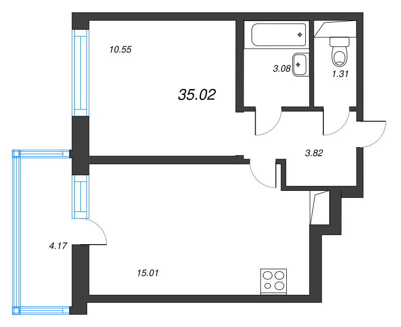 2-комнатная (Евро) квартира, 35.02 м² в ЖК "Аэросити" - планировка, фото №1