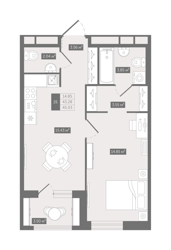 2-комнатная (Евро) квартира, 45.03 м² - планировка, фото №1