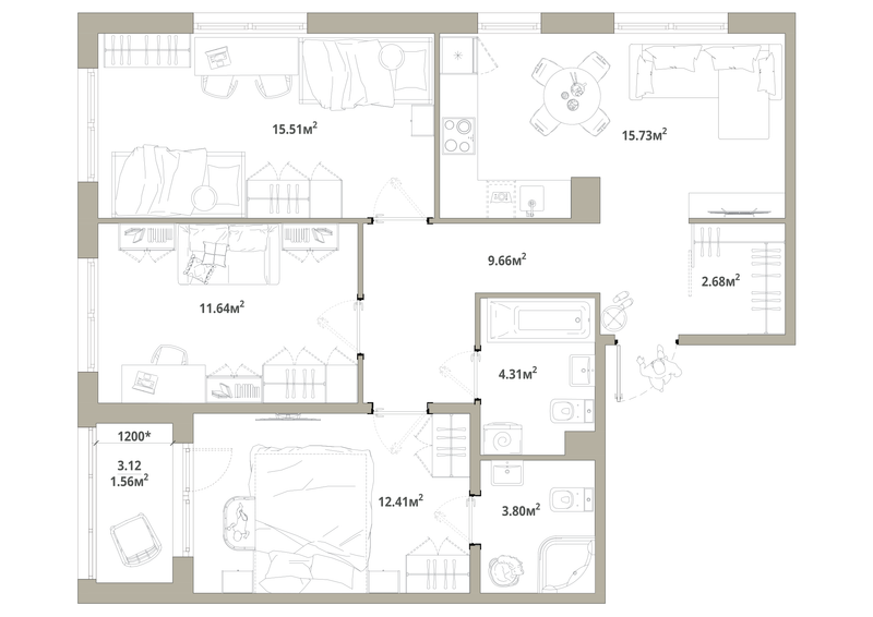 4-комнатная (Евро) квартира, 77.3 м² в ЖК "Тишин" - планировка, фото №1