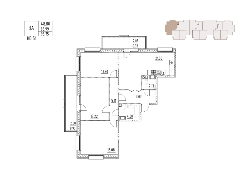 4-комнатная (Евро) квартира, 93.75 м² в ЖК "Loft у озера" - планировка, фото №1
