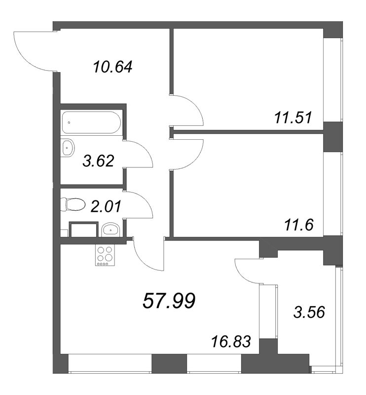 3-комнатная (Евро) квартира, 57.99 м² в ЖК "Аквилон Солар Парк" - планировка, фото №1