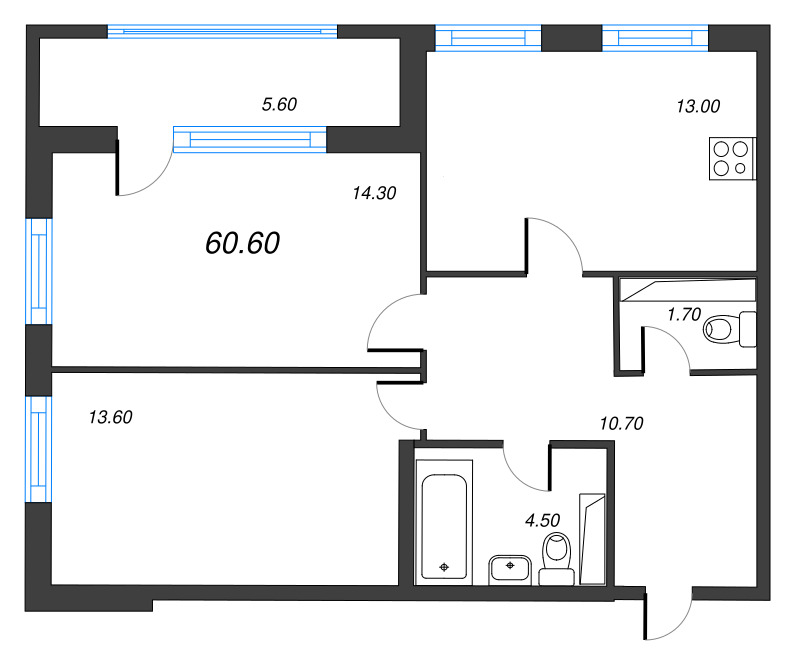 2-комнатная квартира, 60.6 м² в ЖК "Тайм Сквер" - планировка, фото №1