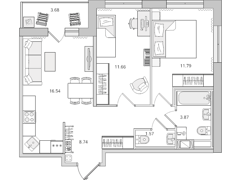 3-комнатная (Евро) квартира, 57.85 м² - планировка, фото №1