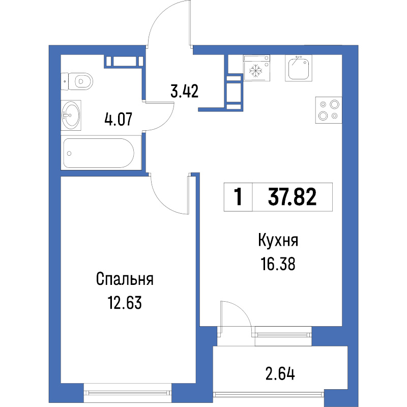2-комнатная (Евро) квартира, 37.82 м² в ЖК "Урбанист" - планировка, фото №1