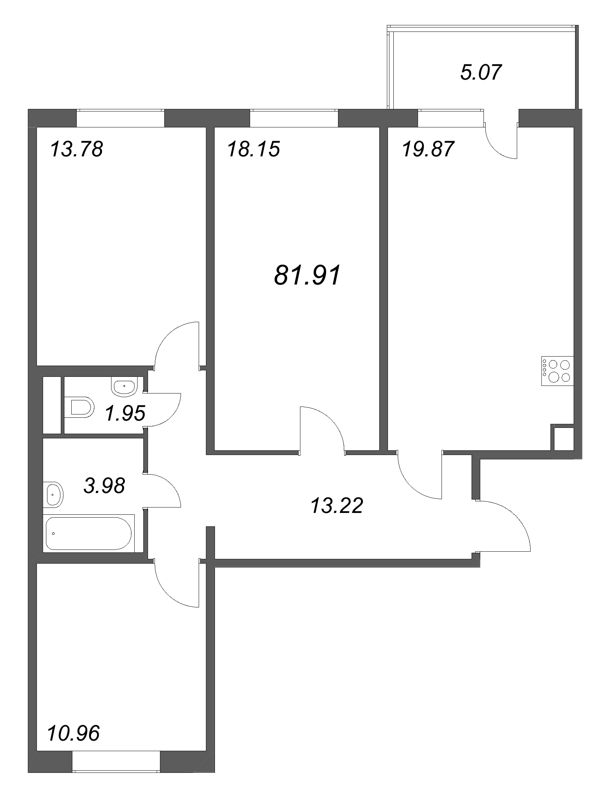 4-комнатная (Евро) квартира, 81.91 м² в ЖК "ЮгТаун" - планировка, фото №1