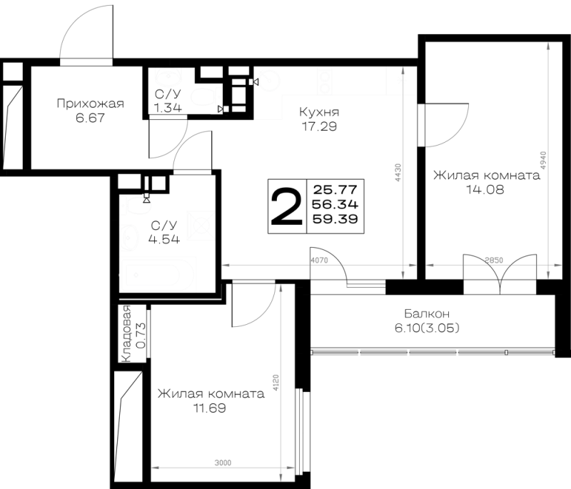 3-комнатная (Евро) квартира, 59.39 м² в ЖК "Борский" - планировка, фото №1