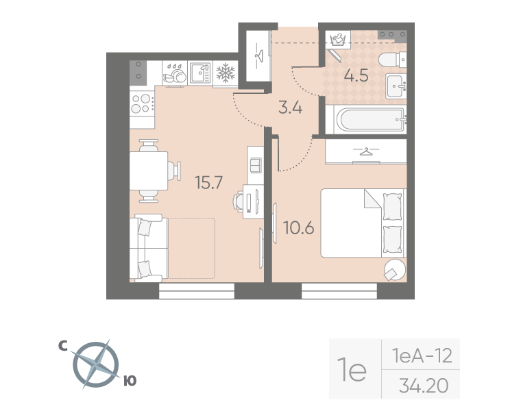 1-комнатная квартира, 34.2 м² в ЖК "Пулково Lake" - планировка, фото №1