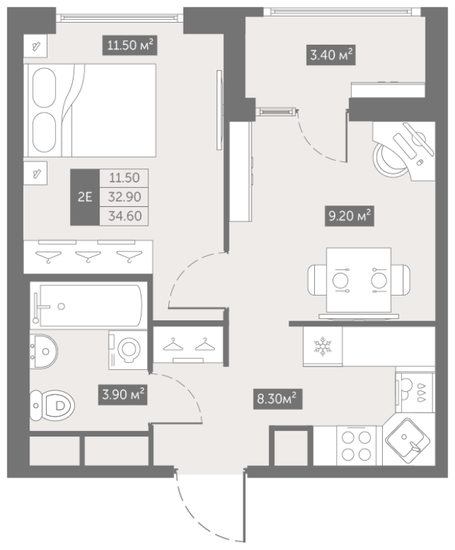 2-комнатная (Евро) квартира, 34.6 м² в ЖК "Квартал «Новый Московский»" - планировка, фото №1