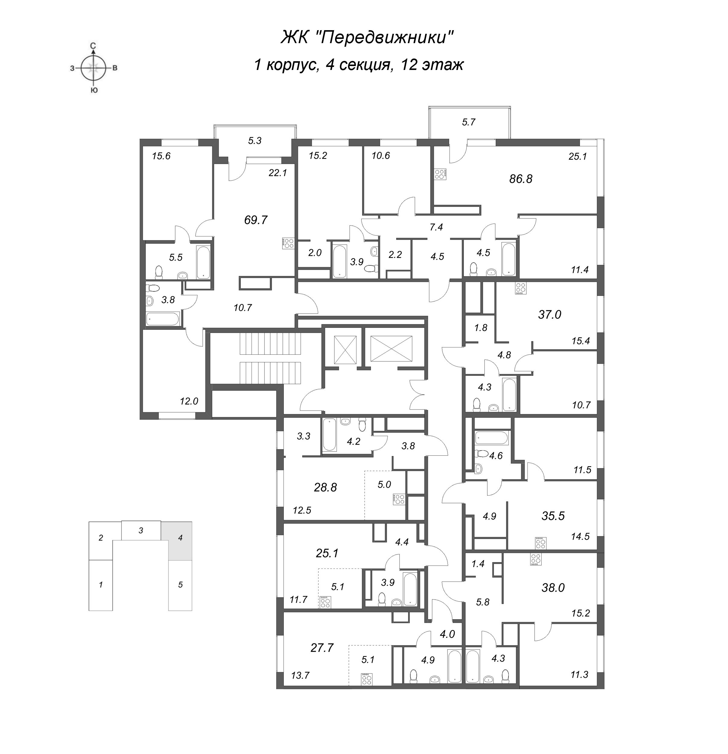 4-комнатная (Евро) квартира, 84.8 м² в ЖК "Передвижники" - планировка этажа