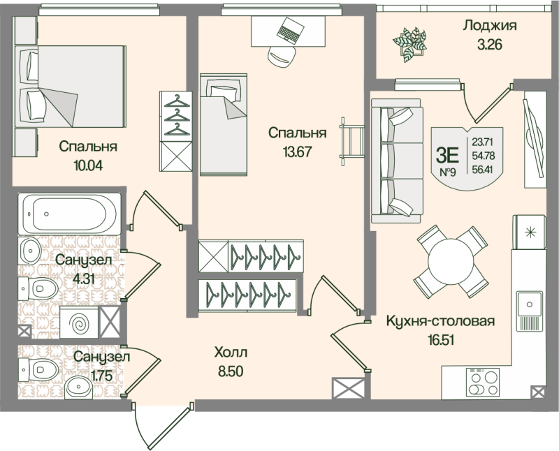 3-комнатная (Евро) квартира, 56.41 м² в ЖК "Охтинские высоты" - планировка, фото №1