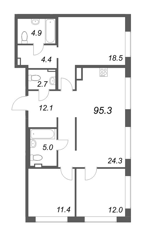 4-комнатная (Евро) квартира, 95.3 м² в ЖК "Визионер" - планировка, фото №1