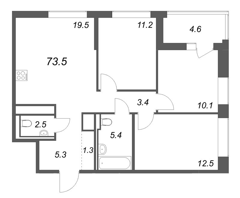 4-комнатная (Евро) квартира, 73.5 м² - планировка, фото №1
