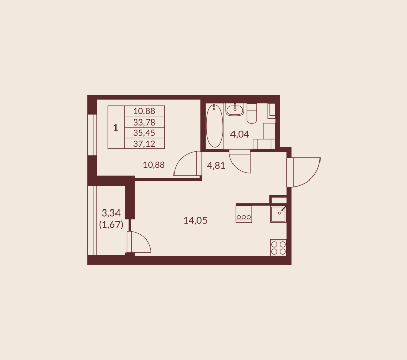 1-комнатная квартира, 35.45 м² в ЖК "Амурино" - планировка, фото №1