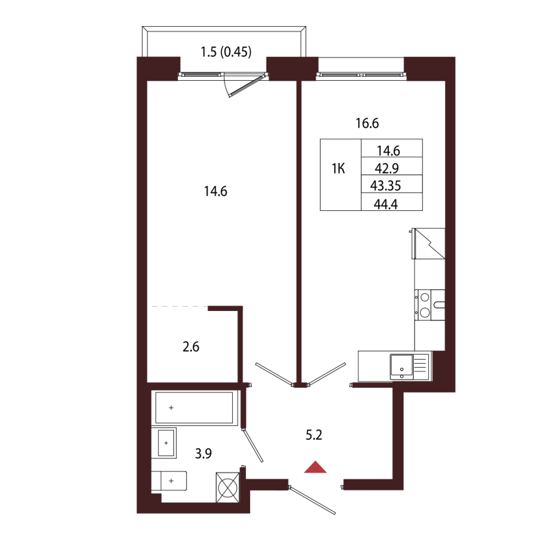 2-комнатная (Евро) квартира, 43.35 м² в ЖК "Лисино" - планировка, фото №1