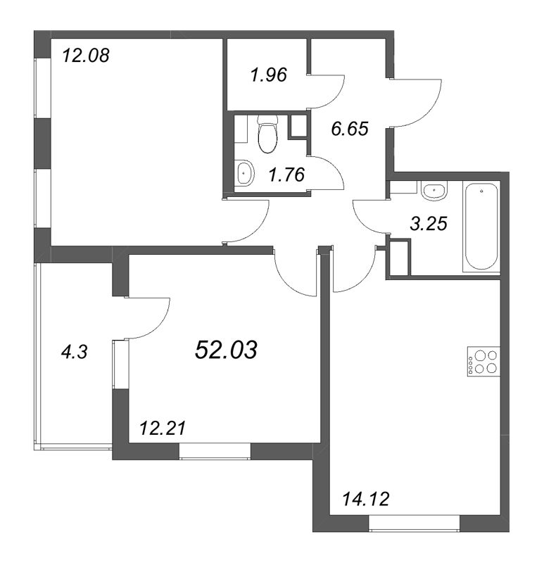 2-комнатная квартира, 52.03 м² в ЖК "Любоград" - планировка, фото №1