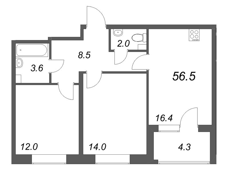 3-комнатная (Евро) квартира, 56.5 м² в ЖК "М36" - планировка, фото №1