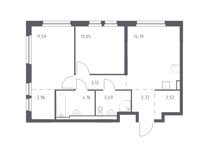 2-комнатная квартира, 54.8 м² в ЖК "Невская Долина" - планировка, фото №1
