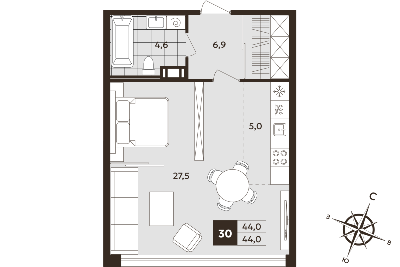 Квартира-студия, 44 м² в ЖК "Дом на Бронницкой" - планировка, фото №1