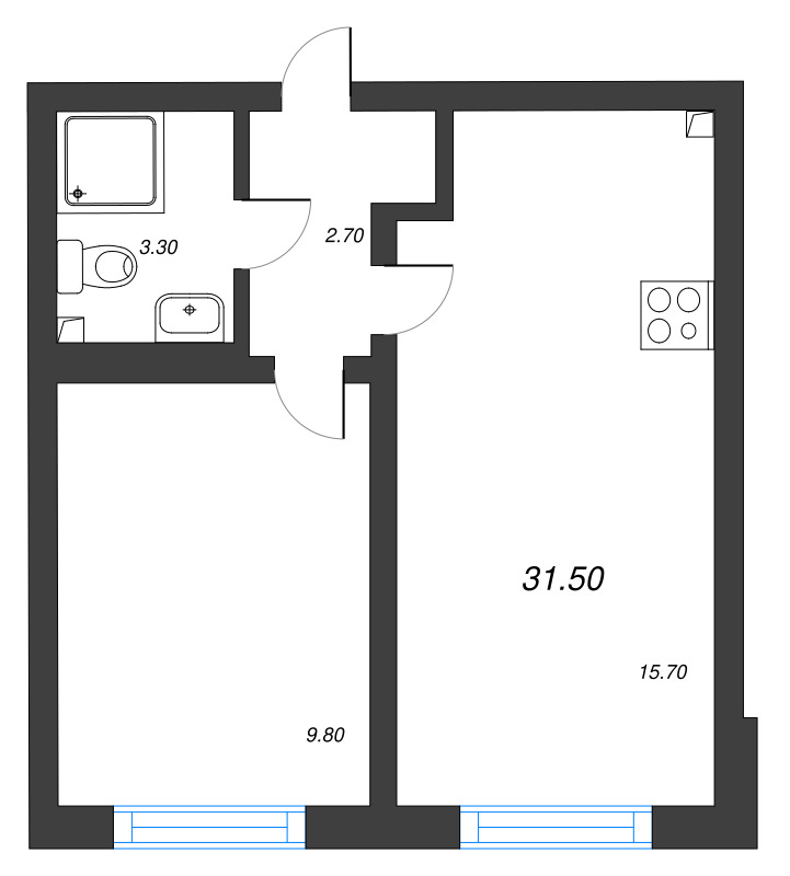 2-комнатная (Евро) квартира, 31.5 м² в ЖК "Ручьи" - планировка, фото №1