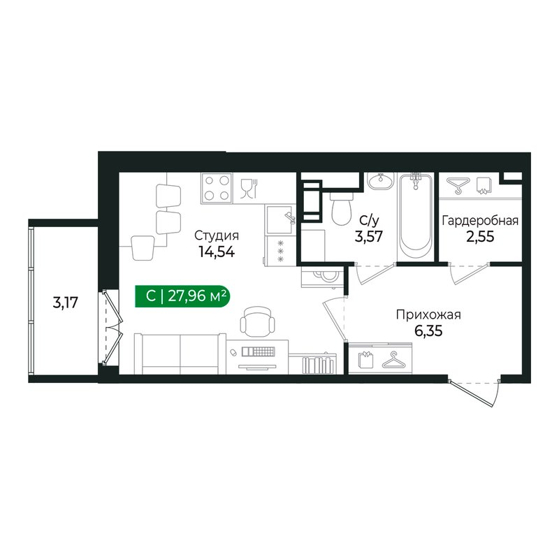 Квартира-студия, 26.9 м² в ЖК "Сертолово Парк" - планировка, фото №1
