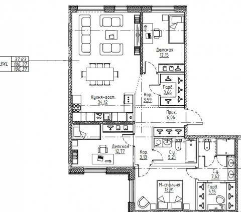 4-комнатная (Евро) квартира, 106.37 м² в ЖК "Большой Сампсониевский, 32" - планировка, фото №1