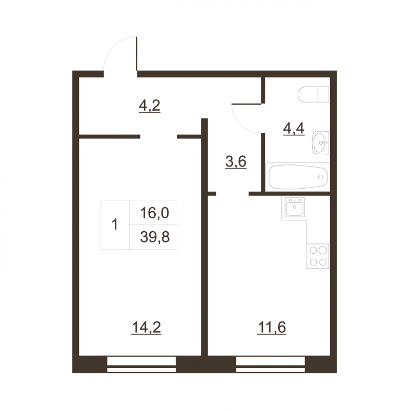 1-комнатная квартира, 40.5 м² в ЖК "Дом на набережной" - планировка, фото №1