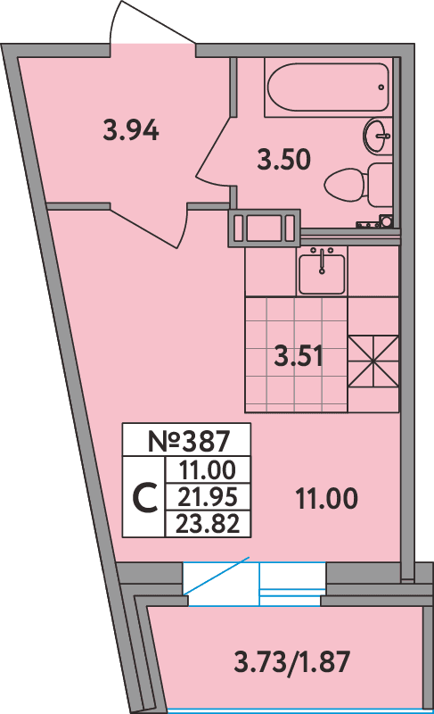 Квартира-студия, 23.6 м² - планировка, фото №1