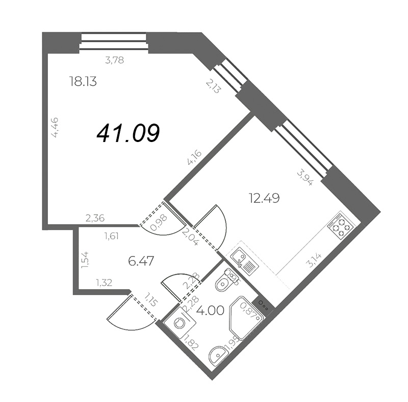 1-комнатная квартира, 41.09 м² - планировка, фото №1