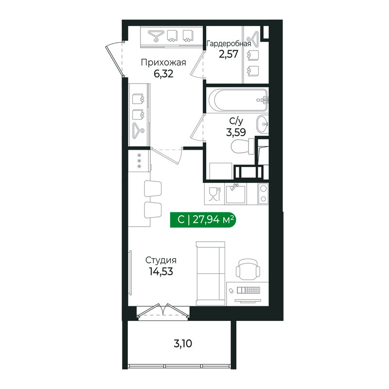 Квартира-студия, 27 м² в ЖК "Сертолово Парк" - планировка, фото №1