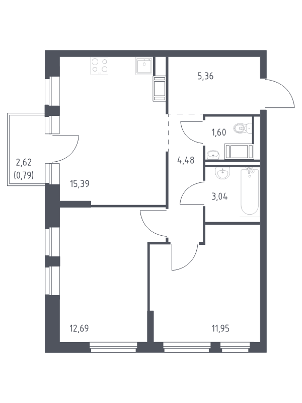 3-комнатная (Евро) квартира, 55.3 м² - планировка, фото №1