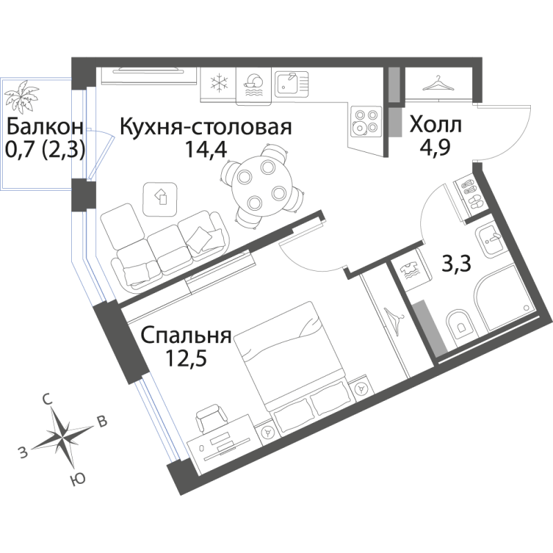 2-комнатная квартира, 35.8 м² в ЖК "Экография" - планировка, фото №1