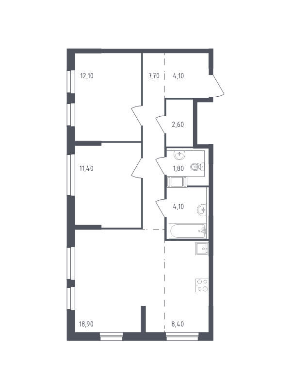 3-комнатная (Евро) квартира, 71.1 м² - планировка, фото №1