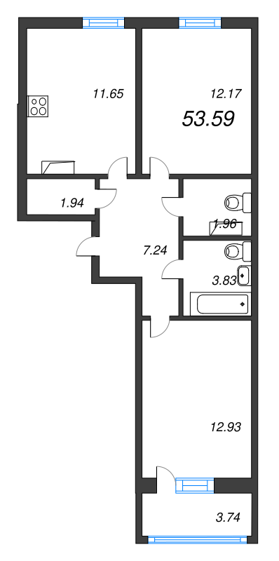 2-комнатная квартира, 53.59 м² - планировка, фото №1
