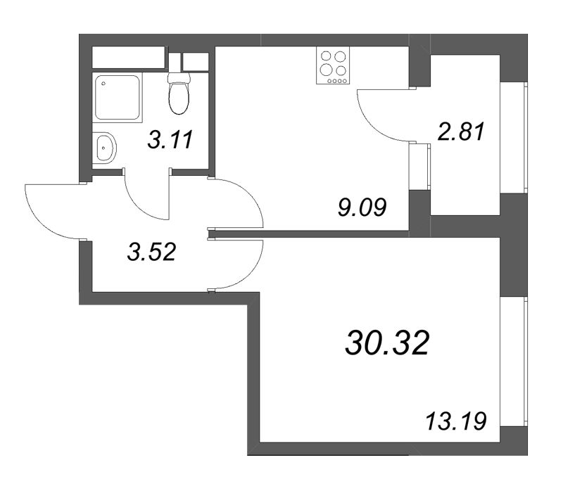 1-комнатная квартира, 30.32 м² в ЖК "Аурум" - планировка, фото №1