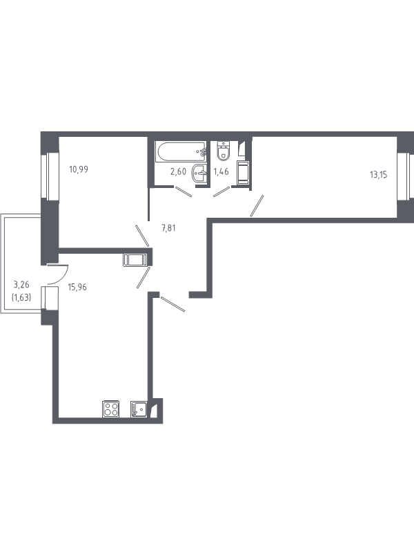 3-комнатная (Евро) квартира, 53.9 м² - планировка, фото №1