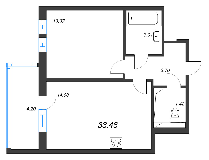 1-комнатная квартира, 33.46 м² в ЖК "Аэросити" - планировка, фото №1