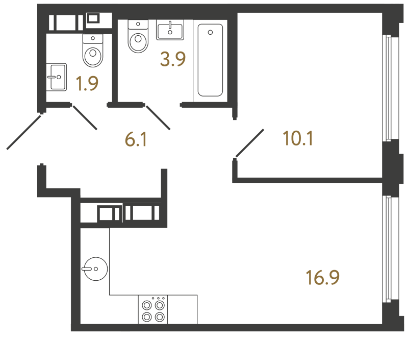 2-комнатная (Евро) квартира, 38.9 м² в ЖК "Гений" - планировка, фото №1