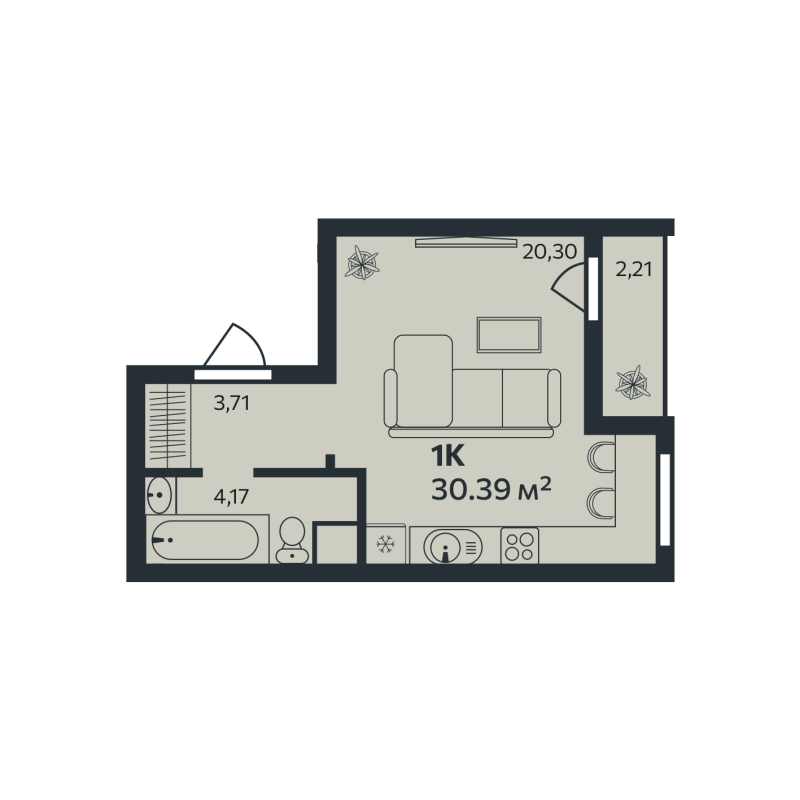 Квартира-студия, 30.39 м² в ЖК "Эдельвейс.Янино" - планировка, фото №1