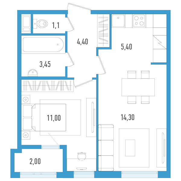 1-комнатная квартира, 40.65 м² в ЖК "AEROCITY" - планировка, фото №1