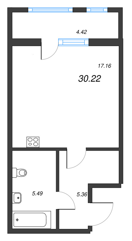 1-комнатная квартира, 30.22 м² - планировка, фото №1