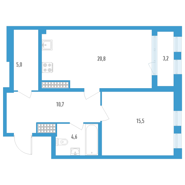 2-комнатная (Евро) квартира, 58.2 м² в ЖК "Дефанс Премиум" - планировка, фото №1