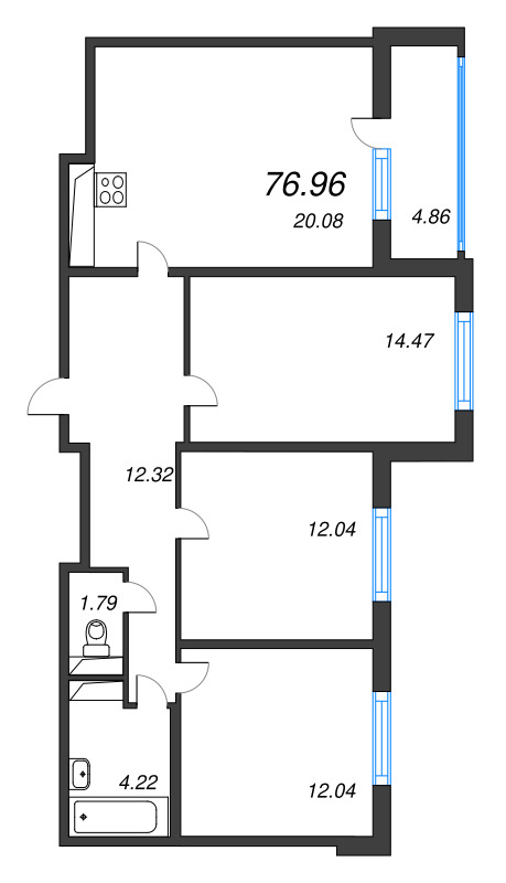 4-комнатная (Евро) квартира, 76.96 м² - планировка, фото №1