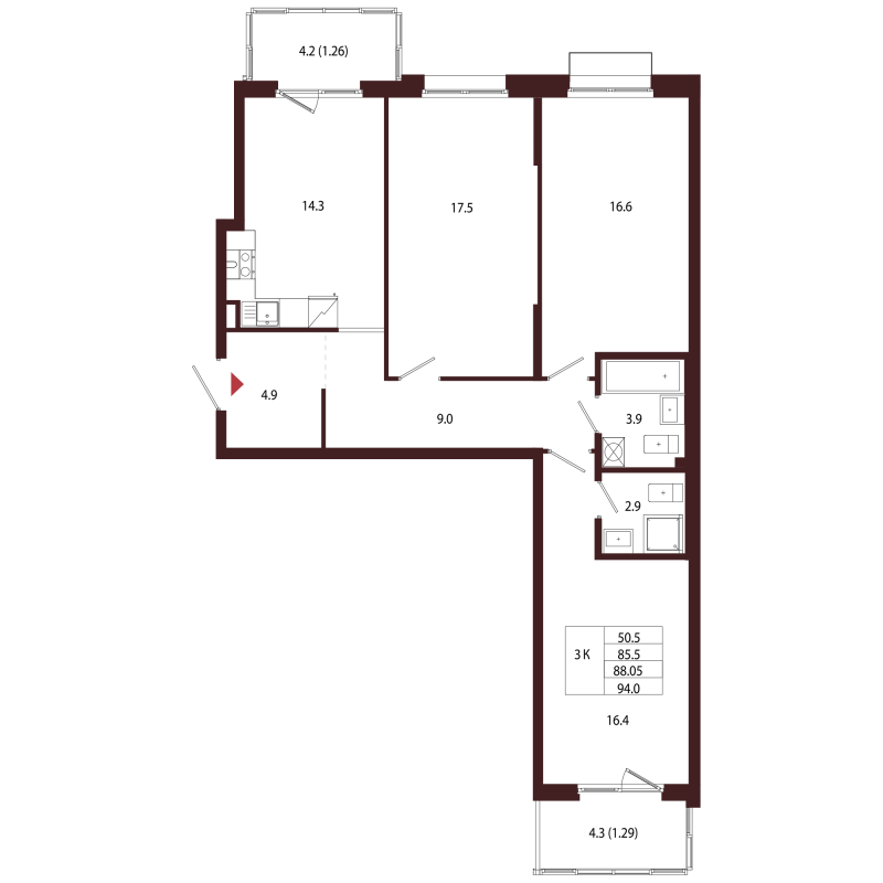3-комнатная квартира, 88.05 м² в ЖК "Лисино" - планировка, фото №1