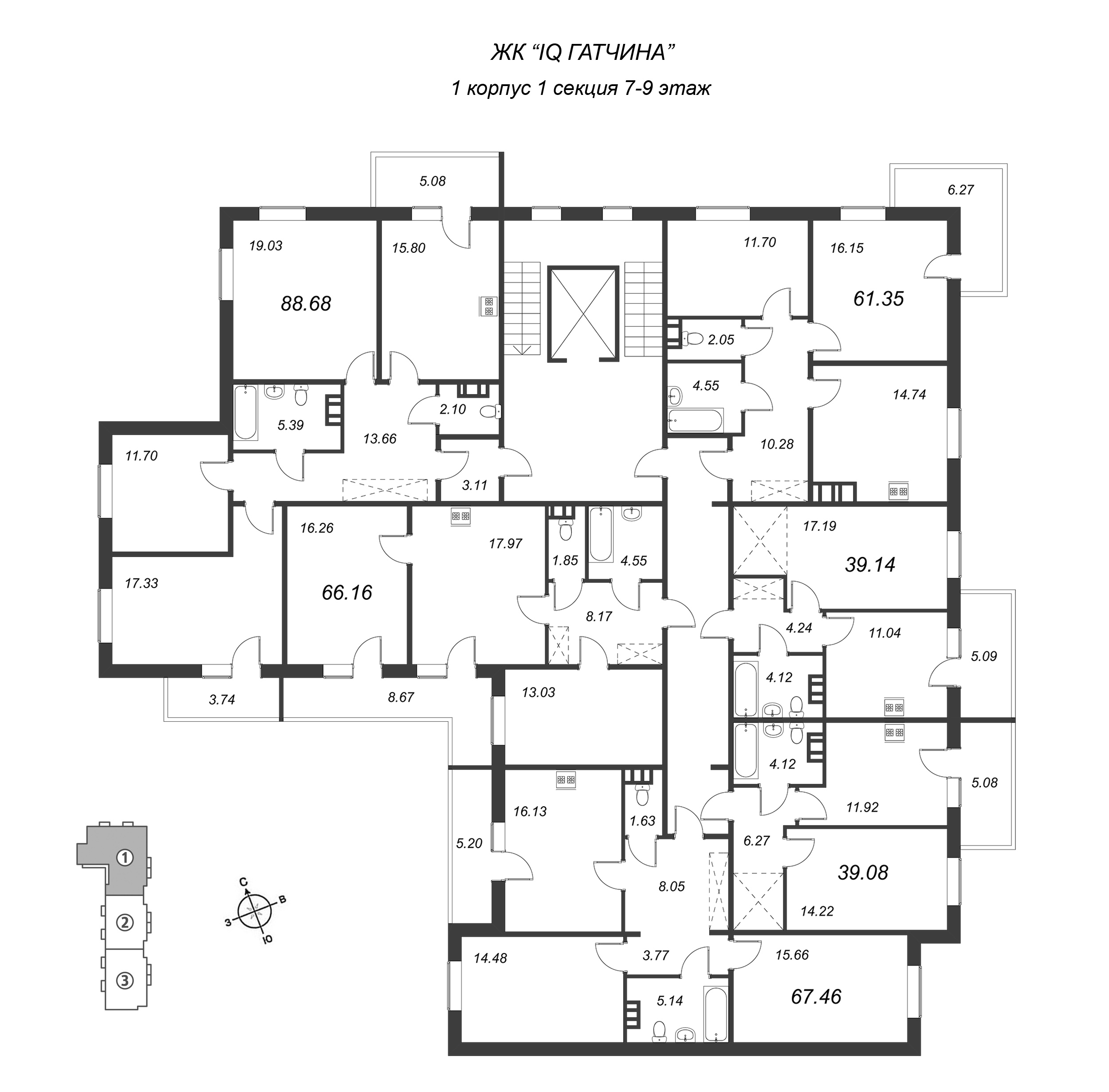 2-комнатная квартира, 67.46 м² в ЖК "IQ Гатчина" - планировка этажа