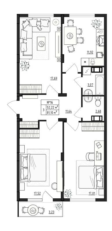 3-комнатная квартира, 81.1 м² - планировка, фото №1