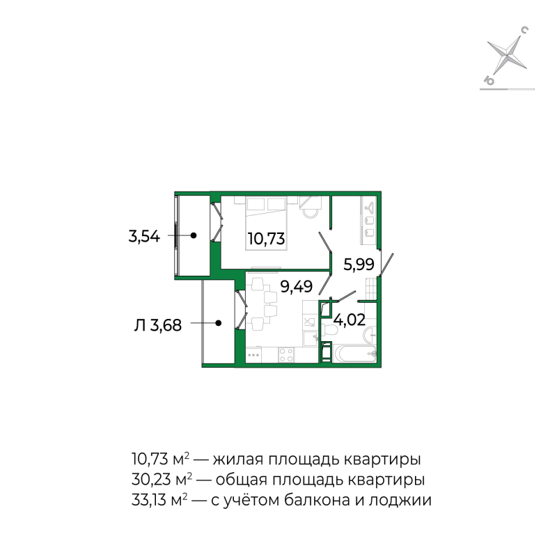 1-комнатная квартира, 33.13 м² в ЖК "Сертолово Парк" - планировка, фото №1