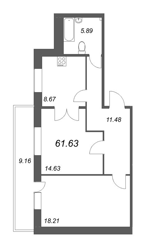 2-комнатная квартира, 61.63 м² в ЖК "СМАРТ" - планировка, фото №1