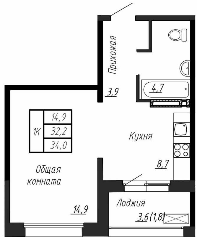 1-комнатная квартира, 34 м² в ЖК "Сибирь" - планировка, фото №1