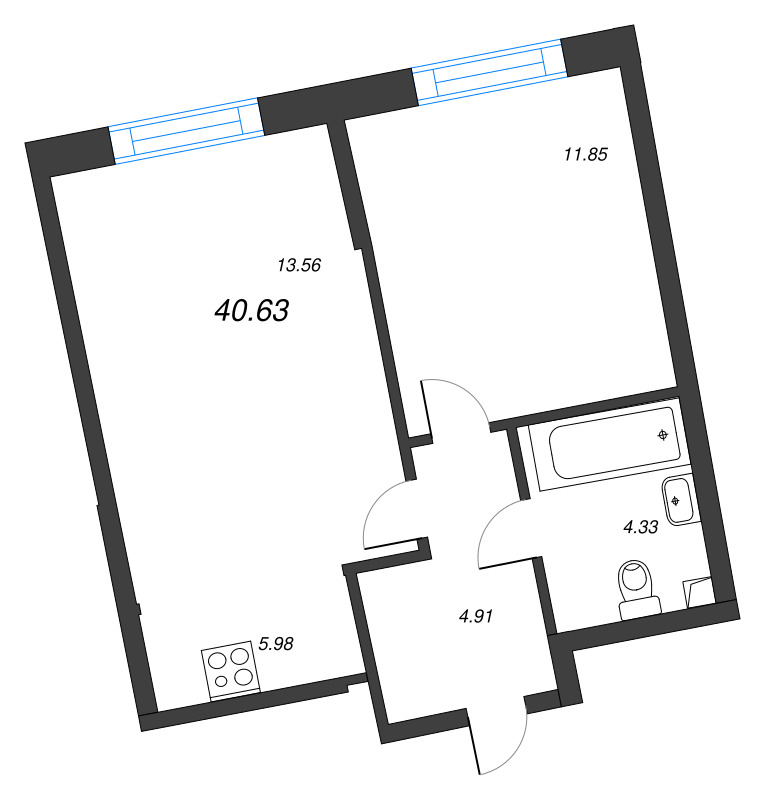 2-комнатная (Евро) квартира, 40.63 м² в ЖК "Бульвар Грина" - планировка, фото №1