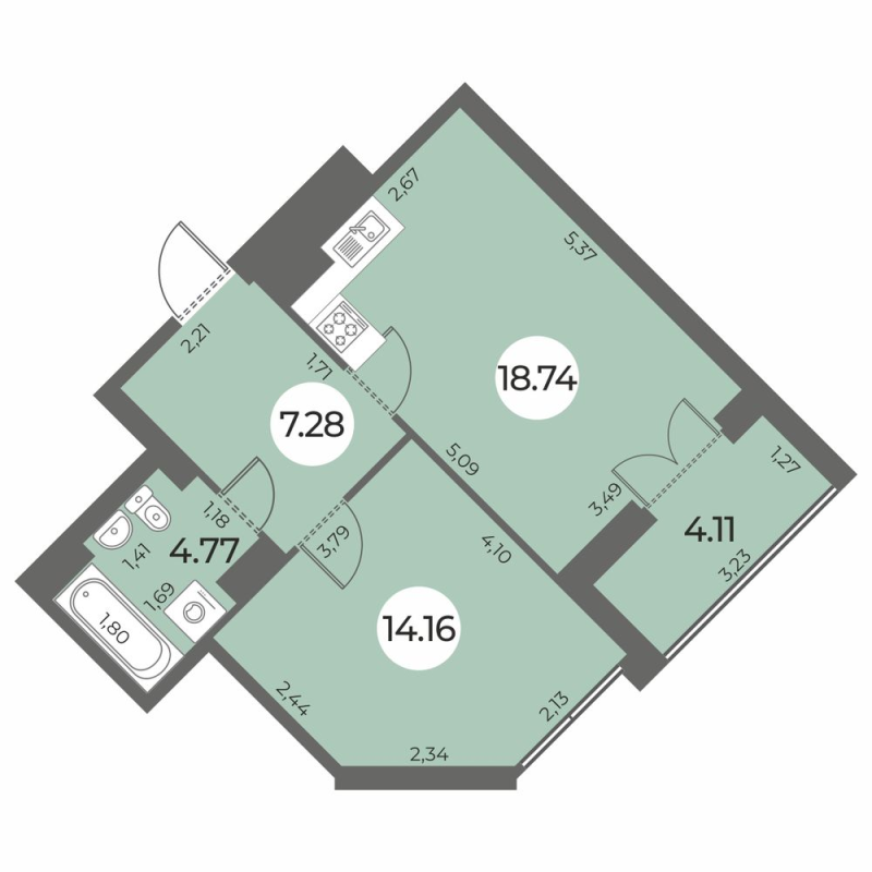 2-комнатная (Евро) квартира, 47.01 м² - планировка, фото №1